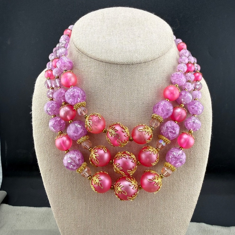 Vintage DeauVille Necklace Pink Purple Beaded Layered Signed Adjustable 15"